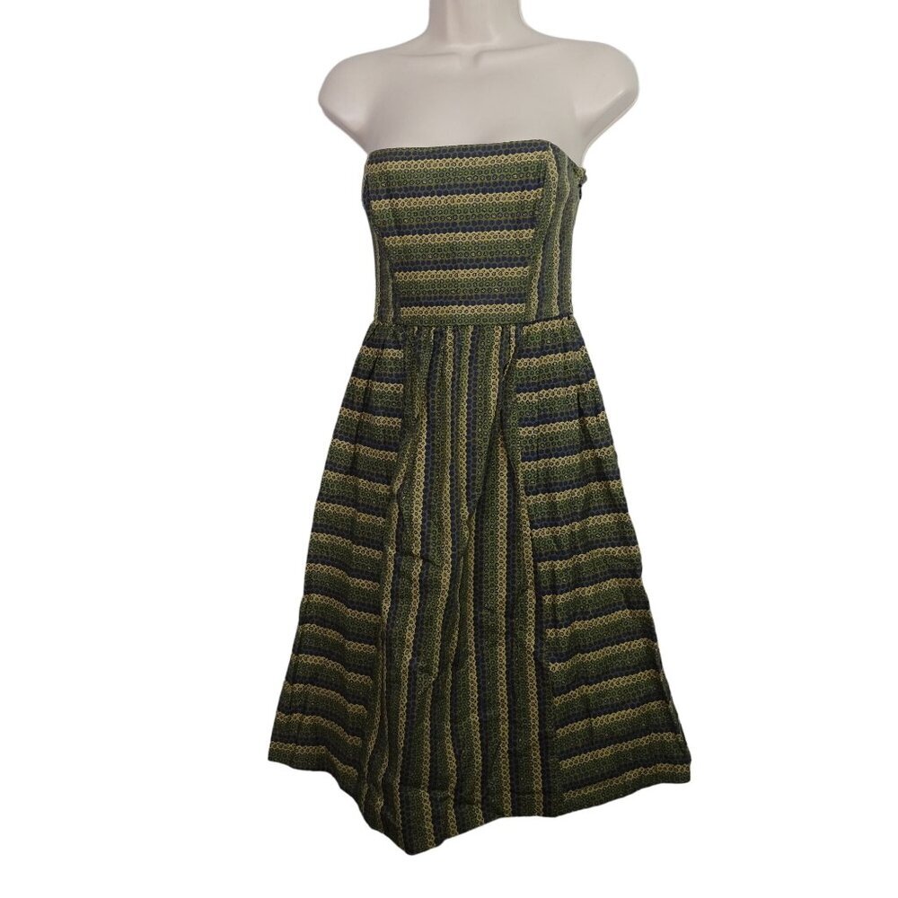 Maple Strapless Fit & Flare A-line Dress Blue Green Stripe Women Size 2 Cotton